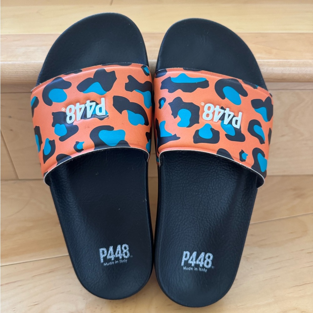 P448  Vibrant Orange and Blue Slide Sandals